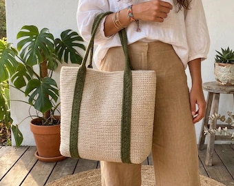 Modern Two-Tone Crochet Tote Bag Pattern – Earth Tones, 5 Versions (PDF Download)