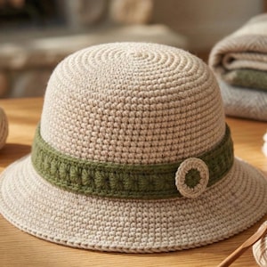 May include: A beige crochet hat with a green band and a decorative button. The hat has a wide brim and a rounded crown. The hat is handmade and appears to be made of cotton yarn. The hat is a stylish accessory.