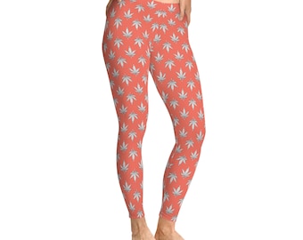 Marijuana leaf Stretchy Leggings White and Orange