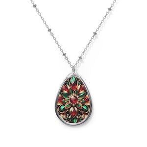 Bohemian Floral Oval Pendant Necklace: Vibrant Statement Jewelry