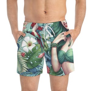 Bañador con estampado tropical: ropa de playa ligera de poliéster
