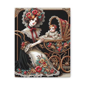 Vintage Floral Mother and Child Canvas Art: Whimsical Nursery Decor