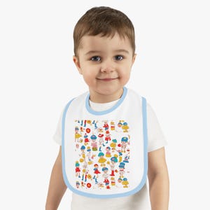 Cute Baby Jersey Bib with Colorful Characters, Perfect Baby Shower Gift, Toddler Feeding Bib, Playful Baby Drool Bib, Fun Infant Accessories