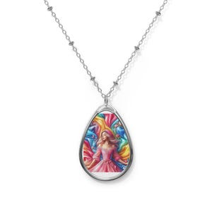Whimsical Oval Pendant Necklace: Colorful Art Statement Jewelry