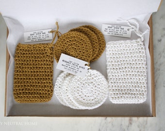 Crochet Cotton Body & Facial Gift Set Natural Bronze and White Reusable Makeup Removal Face Cleaning Pads, Wash Cloth Soap Saver Pouch Bags