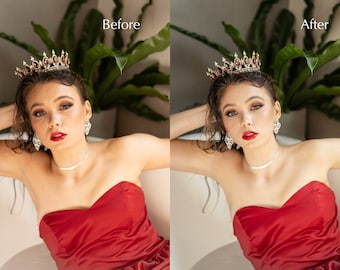 May include: A woman wearing a red strapless dress and a gold crown with red jewels. She has her hair pulled back and is wearing diamond earrings and a necklace.