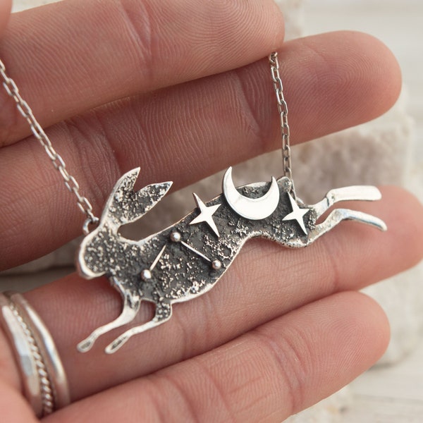 Cosmic hare necklace, Silver astral hare pendant, Dark academia jewelry, Occult jewelry