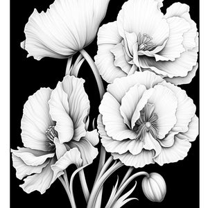 30 Printable Grayscale Coloring Pages With Flowers and Flower Bouquets on Black Background ...