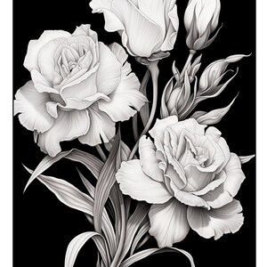 30 Printable Grayscale Coloring Pages With Flowers and Flower Bouquets on Black Background ...