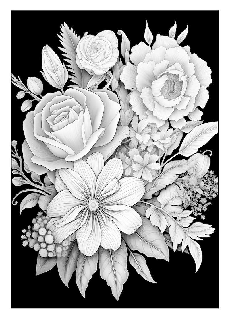 Pu&ograve; includere: Un disegno in bianco e nero di un mazzo di fiori. Il mazzo comprende rose, peonie e altri fiori. I fiori sono disposti in un vaso.