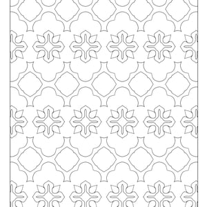 May include: A black and white geometric pattern with repeating shapes. The pattern is made up of four-pointed stars and rounded squares.