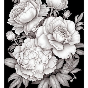 30 Printable Grayscale Coloring Pages with flowers and flower bouquets on black background, beautiful coloring pages for adults, kids. Vol.1