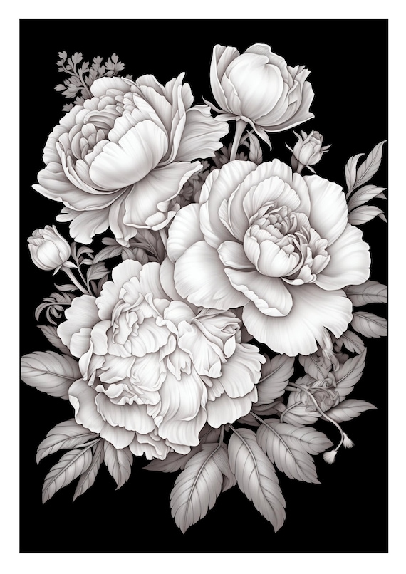 30 Printable Grayscale Coloring Pages With Flowers and Flower