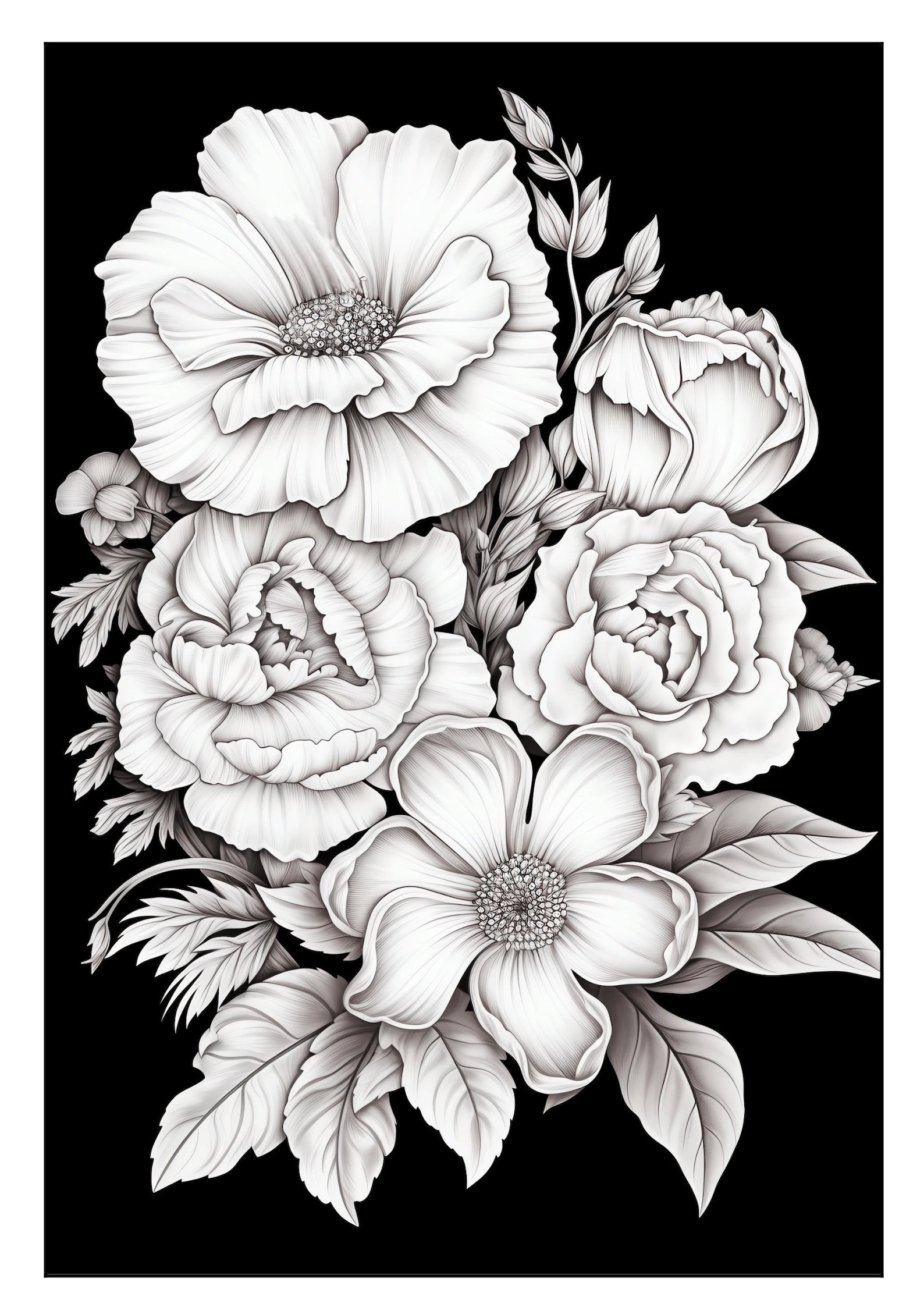 30 Printable Grayscale Coloring Pages With Flowers and Flower Bouquets on Black Background ...