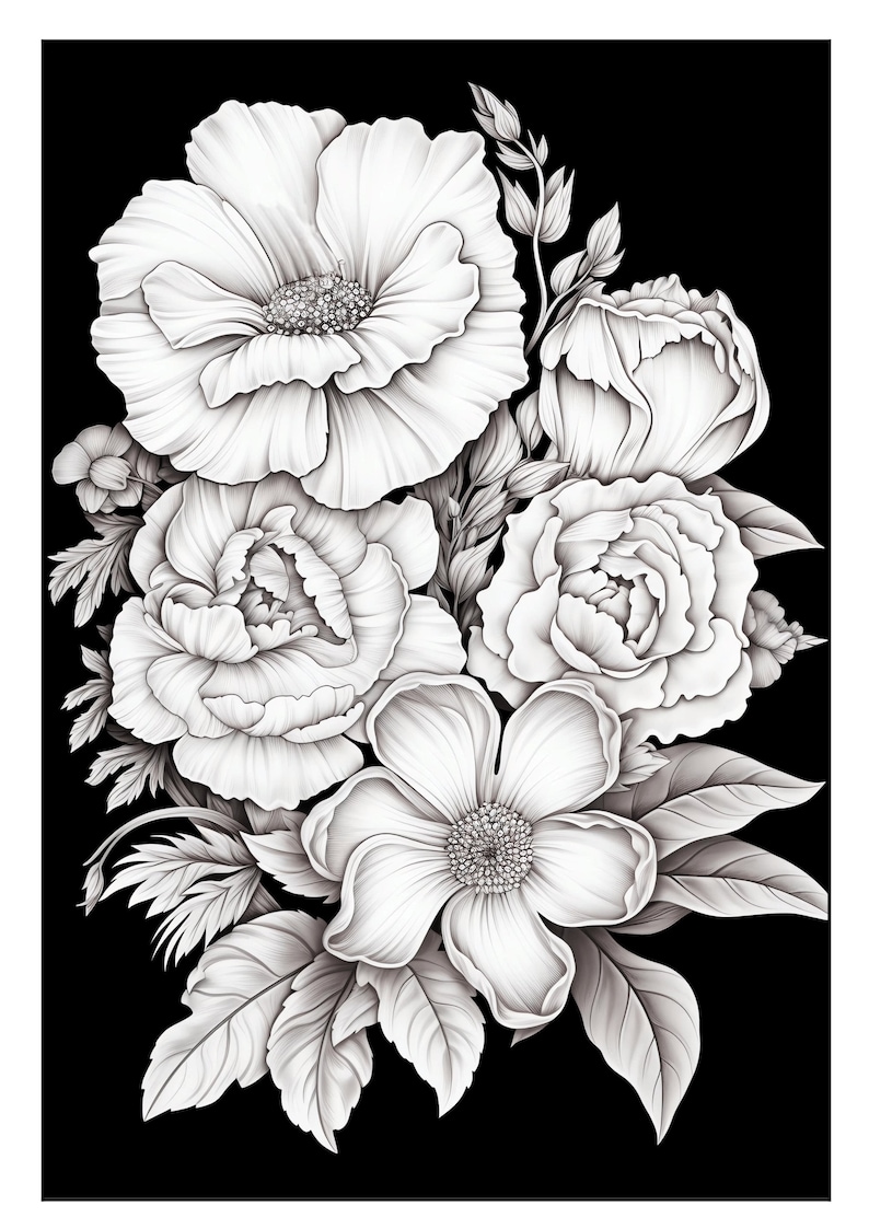Pu&ograve; includere: Un'illustrazione in bianco e nero di un mazzo di fiori. Il mazzo comprende un papavero, due peonie e un singolo fiore a cinque petali. I fiori sono circondati da foglie.