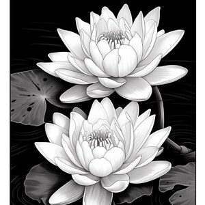 Pu&ograve; includere: Due ninfee bianche con petali dettagliati su uno sfondo nero. Le ninfee sono in fiore e hanno un aspetto delicato ed elegante.