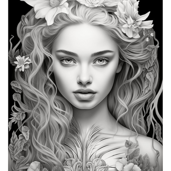 Blossom Beauties - 30 Printable Grayscale Coloring pages with Women Portraits with Intricate Flowered Hairstyles, Vol. 1