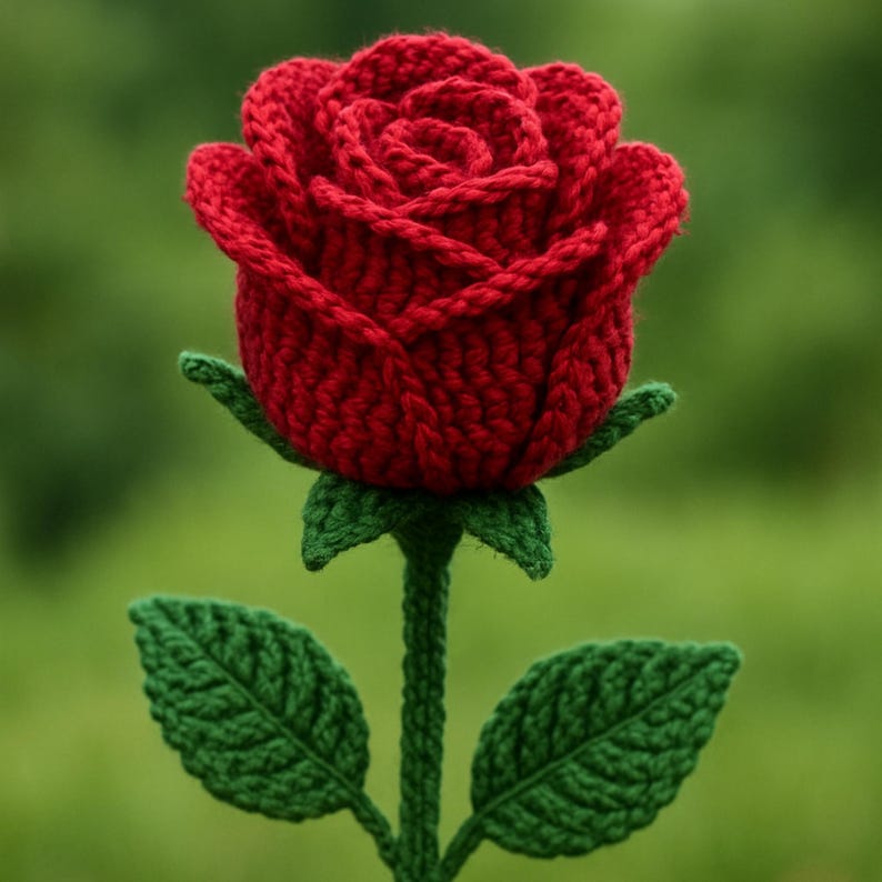 a beautiful and realistic crochet red rose. This listing is an easy crochet rose pattern to make a floral handmade job, or a floral bouquet. This rose has red petals and green sepals and leaves.