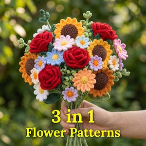 Bundel haakpatronen voor bloemenboeketten, met amigurumi-patronen voor zonnebloemen, rozen en madeliefjes, digitale download in PDF-formaat.