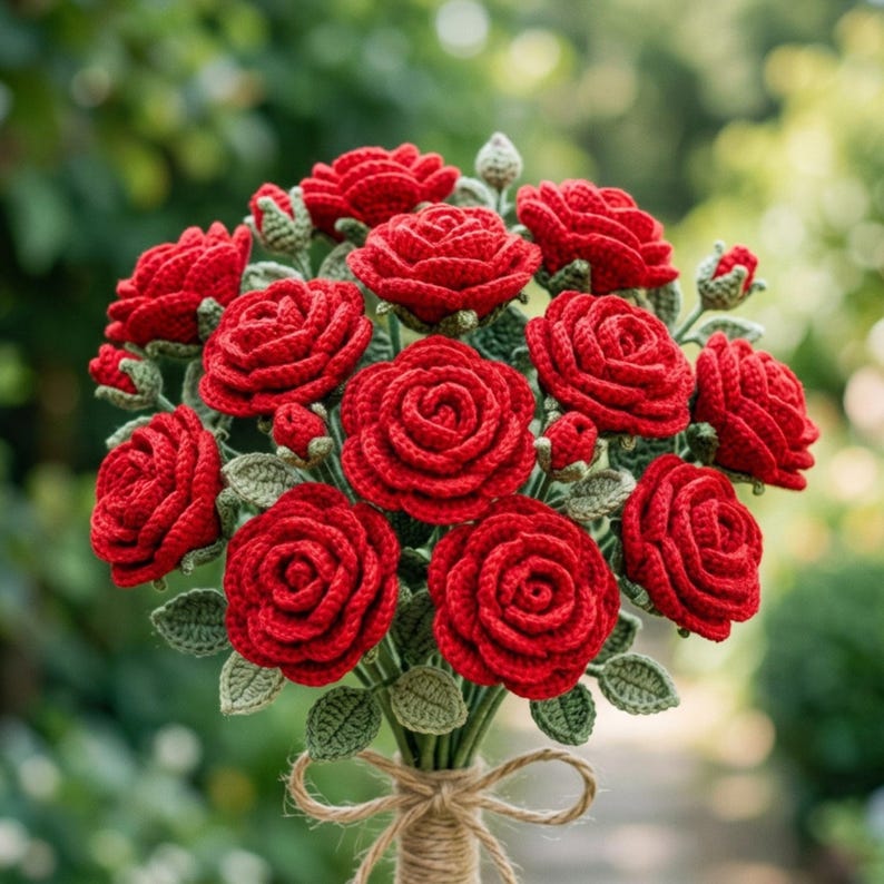 May include: A bouquet of crocheted red roses with textured green leaves and stems. The flowers are arranged in a dense cluster, featuring multiple fully bloomed roses and small buds. The stems are gathered and tied together with a light brown twine.