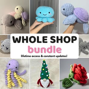 May include: A collection of handmade crochet plushies, including an octopus, turtle, and jellyfish. The image also features a Christmas gnome and a red rose. The text "WHOLE SHOP bundle" is displayed.