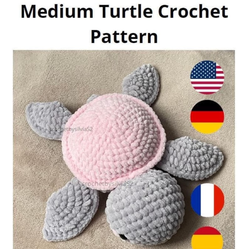 A turtle crochet plushie made with soft yarn, made with colours pink and grey. This is a medium sized turtle. This listing is a crochet pattern PDF tutorial.