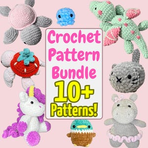 May include: A collection of 10+ crochet patterns for amigurumi toys. The patterns include a turtle, a dragon, a cat, a unicorn, a hippopotamus, a penguin, and an octopus. Crochet Pattern Bundle 10+ Patterns!