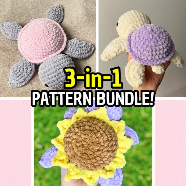 PAQUETE Patrón de Ganchillo Tortuga 3 en 1 (2 tamaños y tortuga girasol) Descargar PDF Amigurumi Patrón Tortuga Crochet Peluche Animal Crochet Bebé