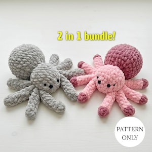 May include: Two crocheted plush spiders, one grey and one pink, with round bodies and multiple legs. The text 2 in 1 bundle! appears above the spiders, and a white circle with the text PATTERN ONLY is located in the bottom right corner.