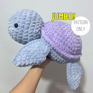 ジャンボかぎ針編みタートルのパターンPDFダウンロード、簡単な編みぐるみぬいぐるみの作り方チュートリアル、初心者向け、多言語対応（英語、ドイツ語、フランス語、スペイン語）