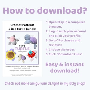 May include: Image promoting a 5-in-1 turtle crochet pattern bundle. The image includes instructions on how to download the pattern from Etsy, with examples of the finished turtle designs in various colors.