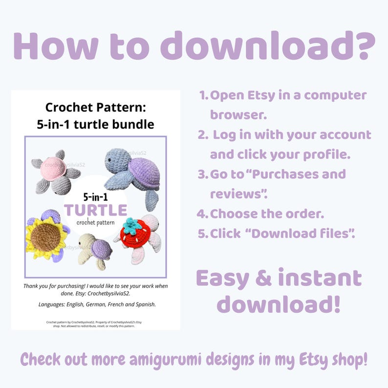 May include: Image promoting a 5-in-1 turtle crochet pattern bundle. The image includes instructions on how to download the pattern from Etsy, with examples of the finished turtle designs in various colors.