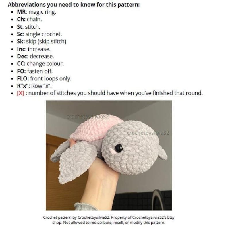 A turtle crochet plushie made with soft yarn, made with colours pink and grey. This is a medium sized turtle. This listing is a crochet pattern PDF tutorial.