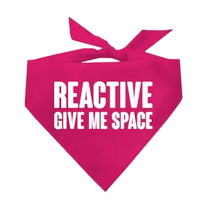 May include: Pink dog bandana with white text that reads "REACTIVE GIVE ME SPACE".