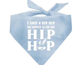 May include: Light blue bandana with white text that reads "I said a hip hop the hippity to the hip HIP HOP" with a bunny rabbit wearing sunglasses in the middle of the text.