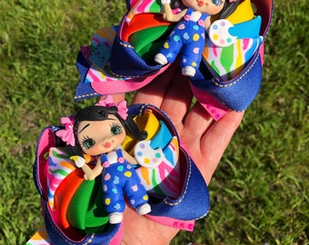 Painter Hairbow, Drawing Bow, Colors Hair Bow, Stripes Bow, Denim Pink, Gifts for Girls, Toddler Bow, Bows for Girls, Hair Clips, Headband.