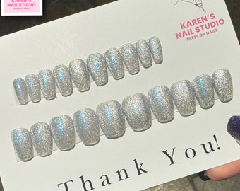 Sky Stardust - Cat Eye Gel Press On Nails | X-Short Coffin | Salon Handmade | Reusable | 20 Piece Luxury Set