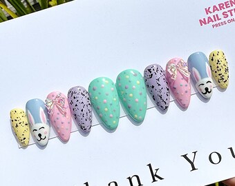 Easter Bunny & Bow Cute Pastel Gel Press On Nails - Choose your shape and length - Reusable - Hand Painted - Free Express Shipping