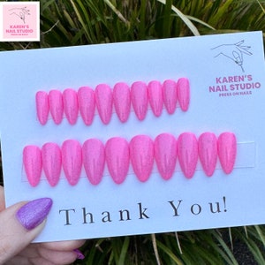 Pink with Holo Glitter Gel Press On Nails - Medium Almond - Reusable - Ready To Ship - Free Express Shipping - Application Kit Inc