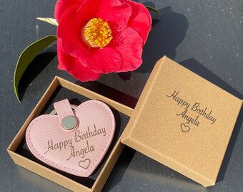 Personalised Saffiano leather heart shaped key fob with personalised gift box included