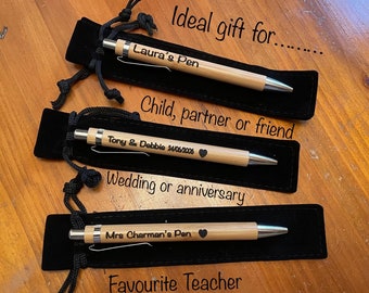 Personalised laser etched bamboo retractable pen and pouch