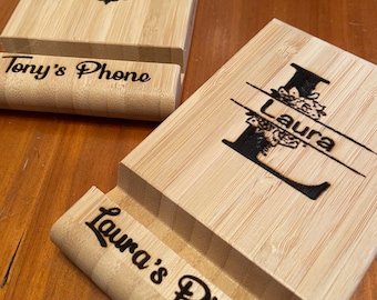Personalised wooden bamboo stand for phone or tablet