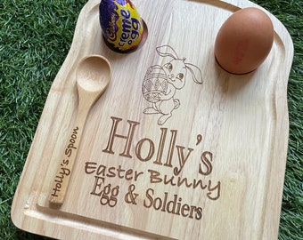 Personalised laser engraved bamboo Easter breakfast board and spoon
