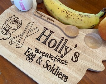 Personalised Breakfast board and spoon for child’s egg and soldiers. Laser etched.