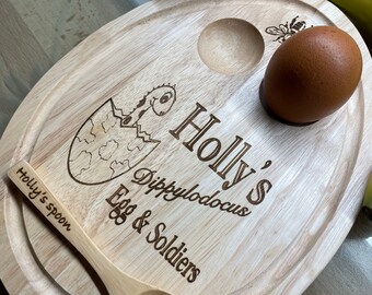 Breakfast board and spoon for child’s eggs and soldiers. Laser engraved personalisation.