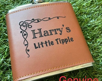 Genuine leather bound personalised hip flask