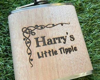 Personalised wood bound hip flask