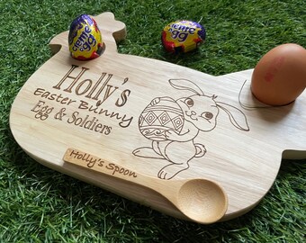 Personalised laser engraved Easter breakfast board and spoon.