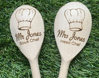 Personalised Mr and Mrs wooden spoons. Wedding / birthday gift.