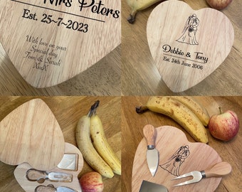 Personalised Heart or circular Custom engraved Cheeseboard for a wedding or special occasion gift.